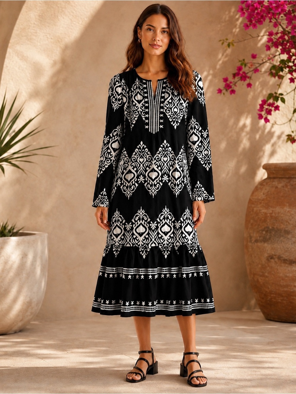 GiGiO Black & White Patterned Midi Dress with Long Sleeves